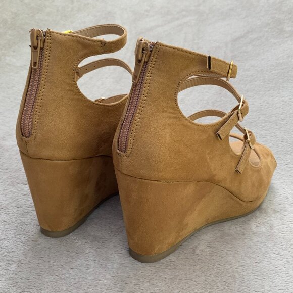 Journee Collection Skyla Tan Microsuede Strappy Peep Toe Demi Wedges - Picture 10 of 15